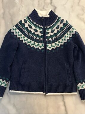 L.L. Bean Navy Fair Isle Zip-Up Cardigan with White and Green Yoke